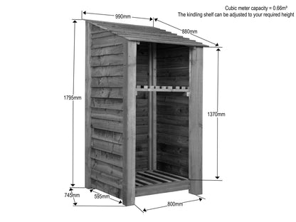 Wooden Premium Tongue/Groove Log Store with Shelf (W-99cm, H-126cm or H-180cm, D-88cm)