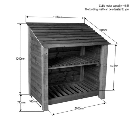 Slatted Wooden Log Store with Shelf W-99cm, H-126cm or 180cm, D-88cm - Brown Finish