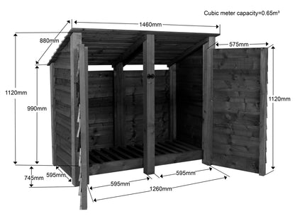 Wooden Log Store (Roof Sloping Back) with Door W-146cm, H-126cm or 180cm, D-88cm - Brown Finish