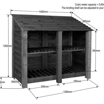 Slatted Wooden Log Store with Shelf W-146cm, H-126cm or 180cm, D-88cm