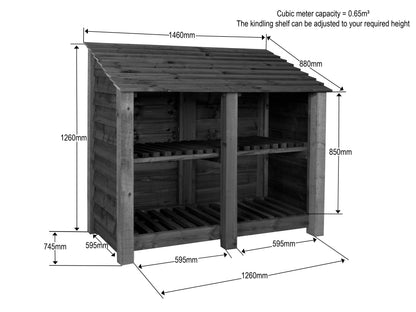 Slatted Wooden Log Store with Shelf W-146cm, H-126cm or 180cm, D-88cm