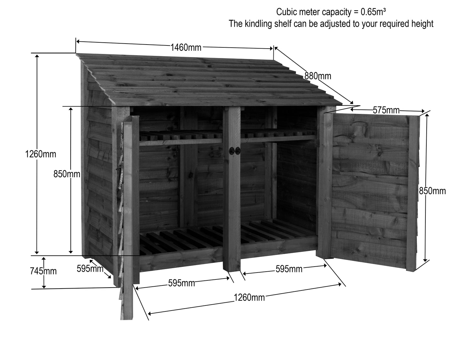 Slatted Wooden Log Store with Door and Shelf W-146cm, H-126cm or 180cm, D-88cm