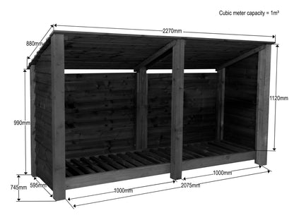 Wooden Log Store (Roof Sloping Back) W-227cm, H-126cm or 180cm, D-88cm - Brown Finish
