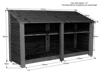 Wooden Log Store with Shelf W-227cm, H-126cm or 180cm, D-88cm - Brown Finish