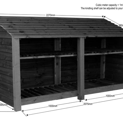 Slatted Wooden Log Store with Shelf W-227cm, H-126cm or 180cm, D-88cm