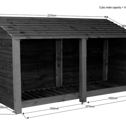 Slatted Wooden Log Store W-227cm, H-126cm or 180cm, D-88cm