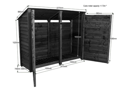 Wooden Garden Tool Storage (Roof Sloping Back) W-227cm, H-126cm or 180cm, D-88cm - Brown Finish