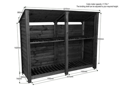 Wooden Log Store (Roof Sloping Back) with Shelf W-227cm, H-126cm or 180cm, D-88cm - Brown Finish