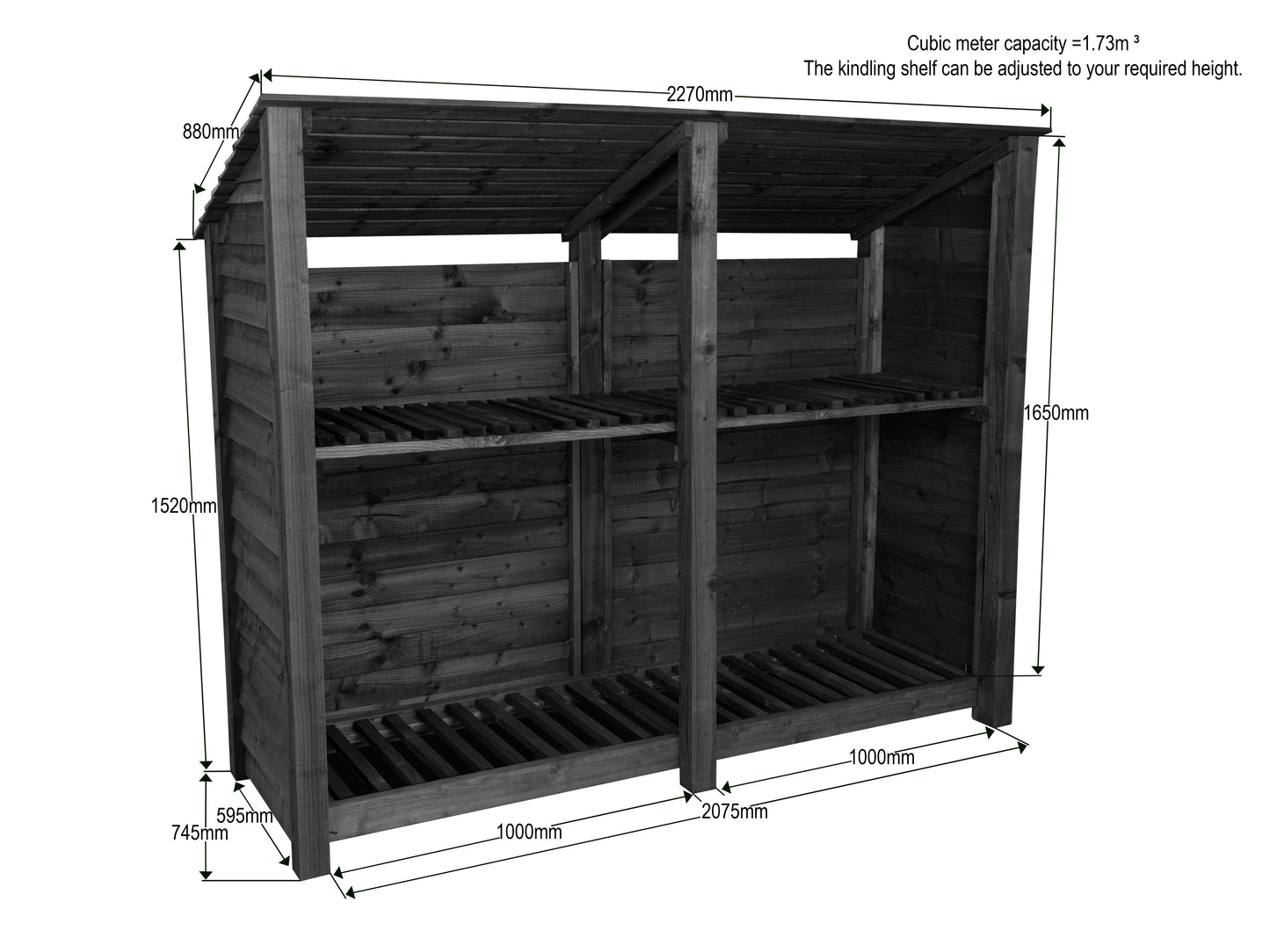 Wooden Log Store (Roof Sloping Back) with Shelf W-227cm, H-126cm or 180cm, D-88cm