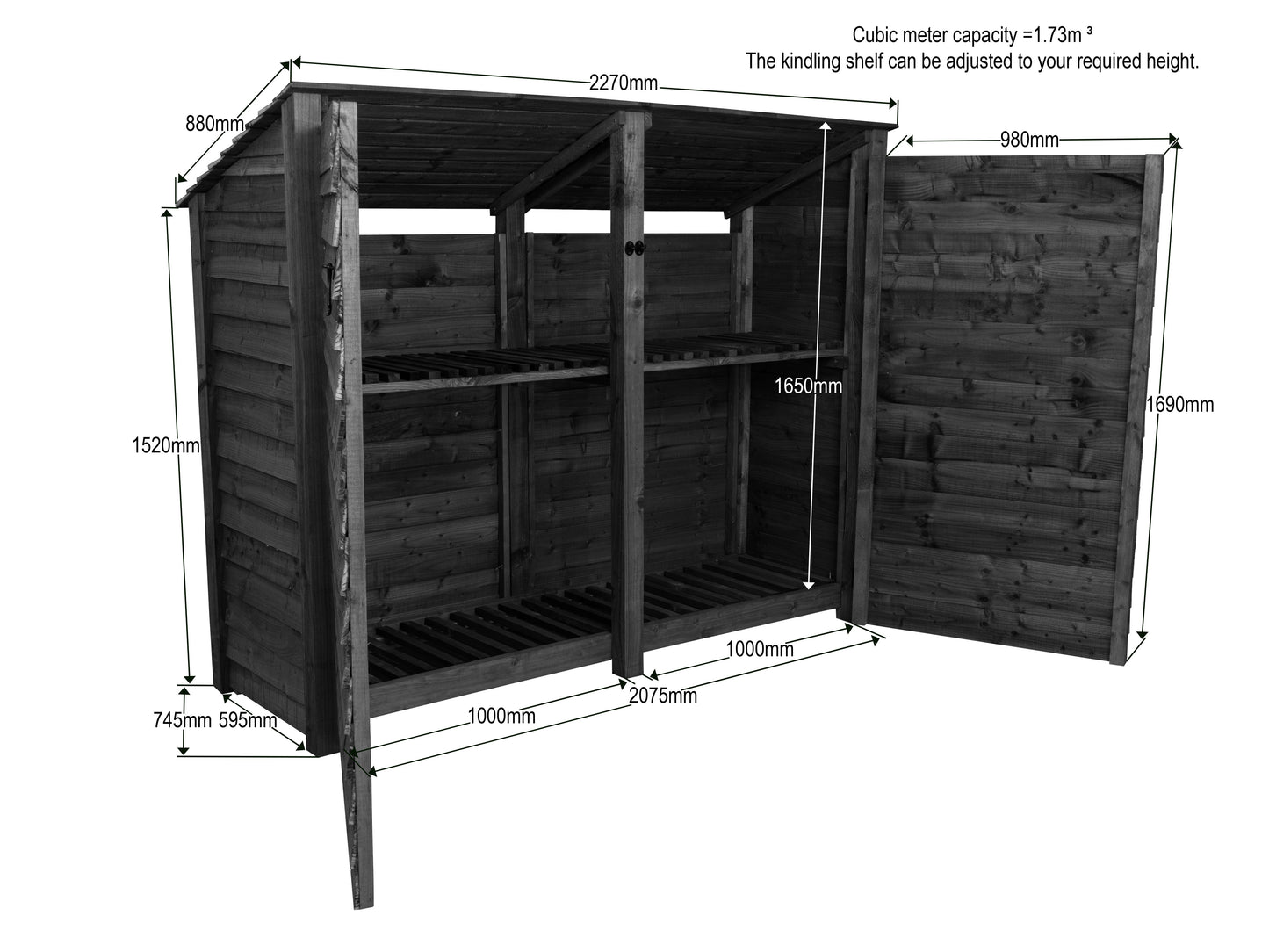 Wooden Garden Tool Storage (Roof Sloping Back) with Shelf W-227cm, H-126cm or 180cm, D-88cm - Brown Finish