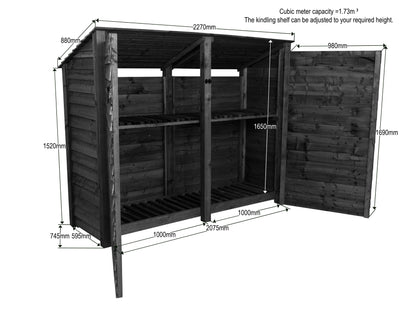 Wooden Log Store (Roof Sloping Back) with Doors and Shelf W-227cm, H-126cm or 180cm, D-88cm - Brown Finish