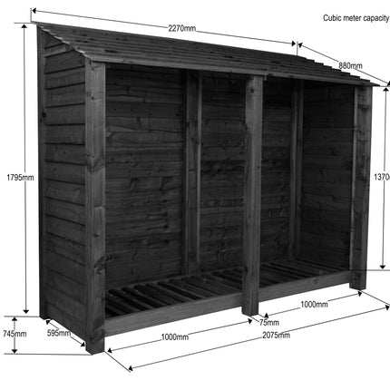 Slatted Wooden Log Store with Shelf W-227cm, H-126cm or 180cm, D-88cm - Brown Finish
