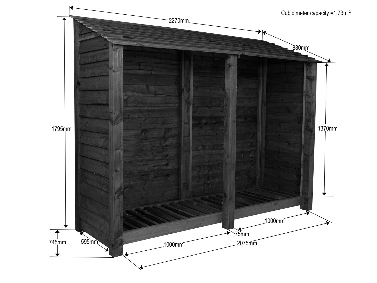 Slatted Wooden Log Store W-227cm, H-126cm or 180cm, D-88cm - Brown Finish