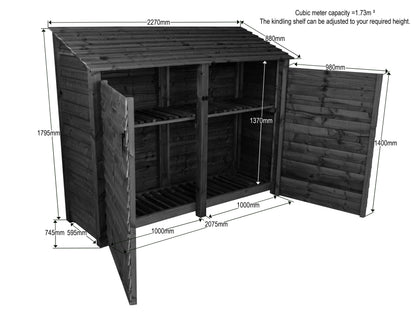 Wooden Log Store with Doors and Shelf W-227cm, H-126cm or 180cm, D-88cm