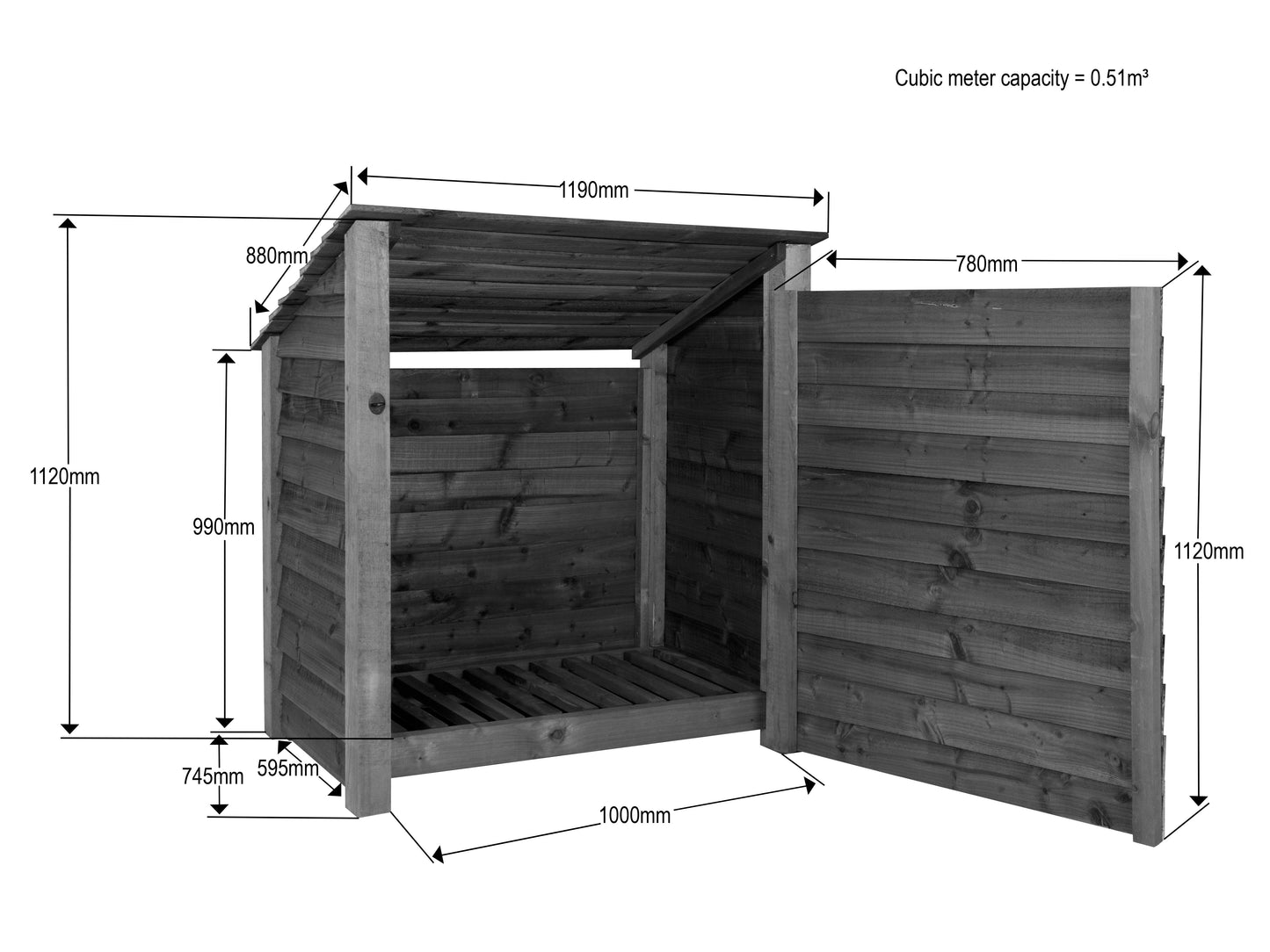 Wooden Garden Tool Storage (Roof Sloping Back) W-119cm, H-126cm or 180cm, D-88cm