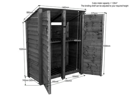 Wooden Log Store (Roof Sloping Back) with Door and Shelf W-146cm, H-126cm or 180cm, D-88cm - Brown Finish