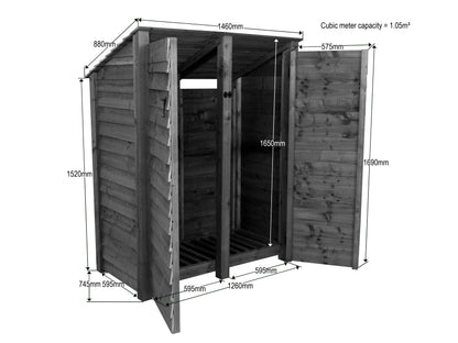 Wooden Log Store (Roof Sloping Back) with Door W-146cm, H-126cm or 180cm, D-88cm