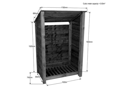 Wooden Log Store (Roof Sloping Back) W-119cm, H-126cm or 180cm, D-88cm - Brown Finish