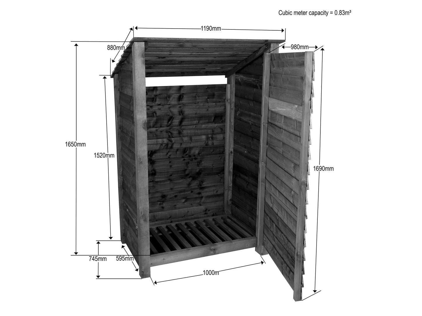 Wooden Log Store (Roof Sloping Back) with Door W-119cm, H-126cm Or 180cm, D-88cm