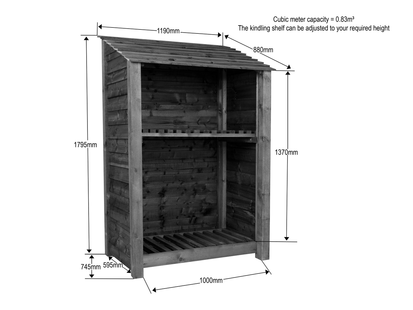 Slatted Wooden Log Store with Shelf W-99cm, H-126cm or 180cm, D-88cm - Brown Finish
