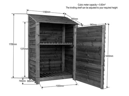 Slatted Wooden Log Store with Door and Shelf W-119cm, H-126cm or 180cm, D-88cm - Brown Finish