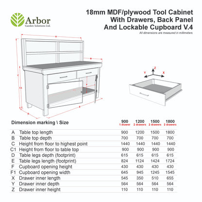 Wooden MDF top storage workbench with lockable cupboard and drawers (V.4) with back