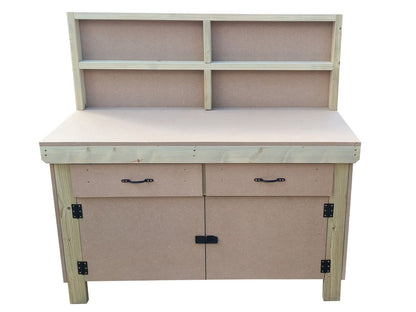 Wooden MDF top storage workbench with lockable cupboard and drawers (V.4) with back