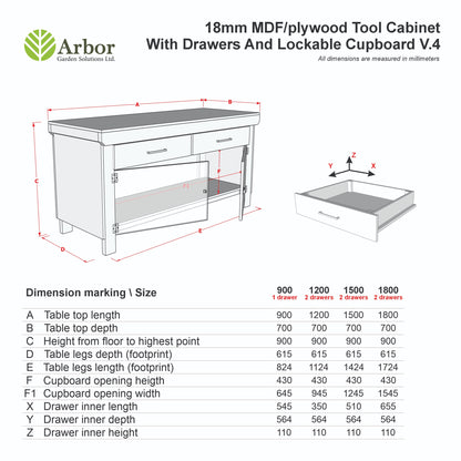 Wooden MDF top storage workbench with lockable cupboard and drawers (V.4)