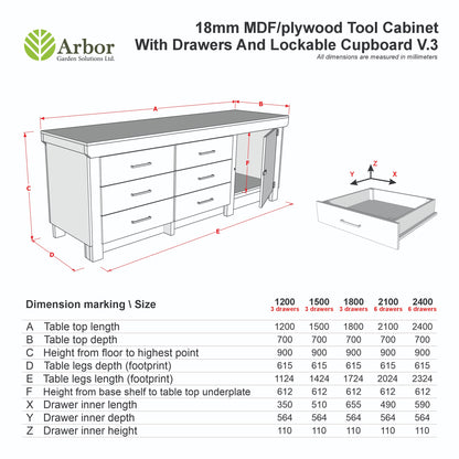 Wooden MDF top workbench, tool cabinet with lockable cupboard (V.3)