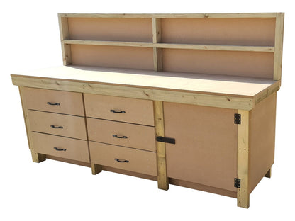 Wooden MDF top workbench, tool cabinet with lockable cupboard (V.3) with back and double shelf