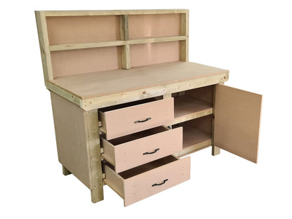 Wooden MDF top workbench, tool cabinet with lockable cupboard (V.3) with back and double shelf