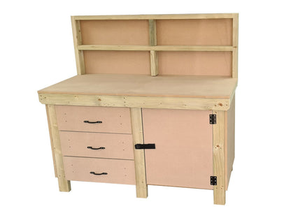 Wooden MDF top workbench, tool cabinet with lockable cupboard (V.3) with back