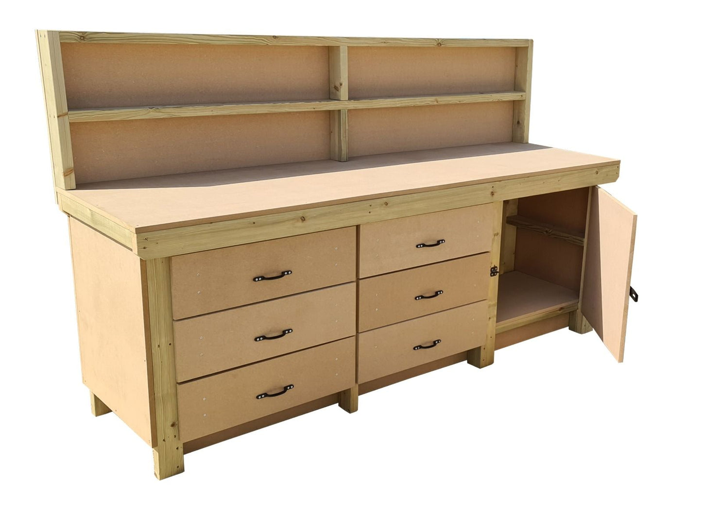 Wooden MDF top workbench, tool cabinet with lockable cupboard (V.3) with back