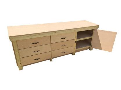 Wooden MDF top workbench, tool cabinet with lockable cupboard (V.3) double shelf