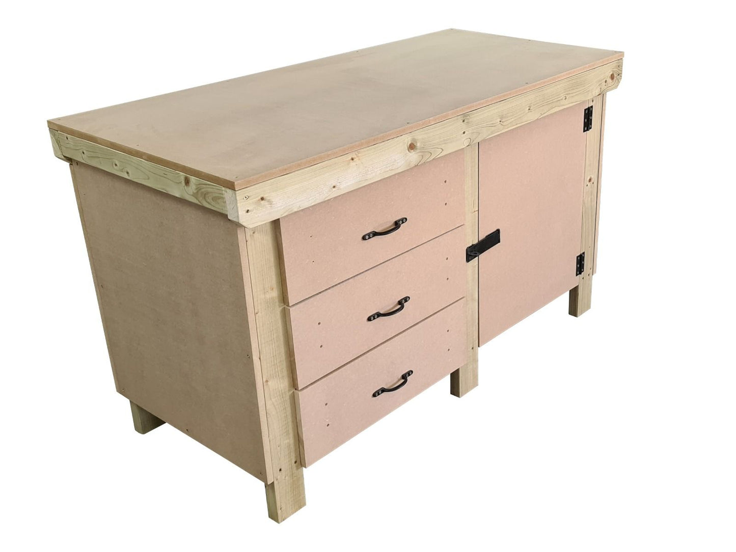 Wooden MDF top workbench, tool cabinet with lockable cupboard (V.3) double shelf