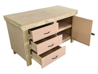 Wooden MDF top workbench, tool cabinet with lockable cupboard (V.3) double shelf