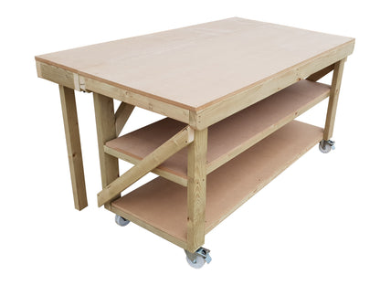 Wooden MDF Top Workbench With Extendable Working Surface with Double Shelf and Wheels