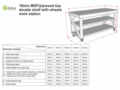 Wooden MDF top Workbench with double shelf and wheels