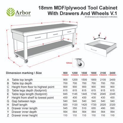 Wooden MDF workbench, tool cabinet with drawer (V.1) with wheels