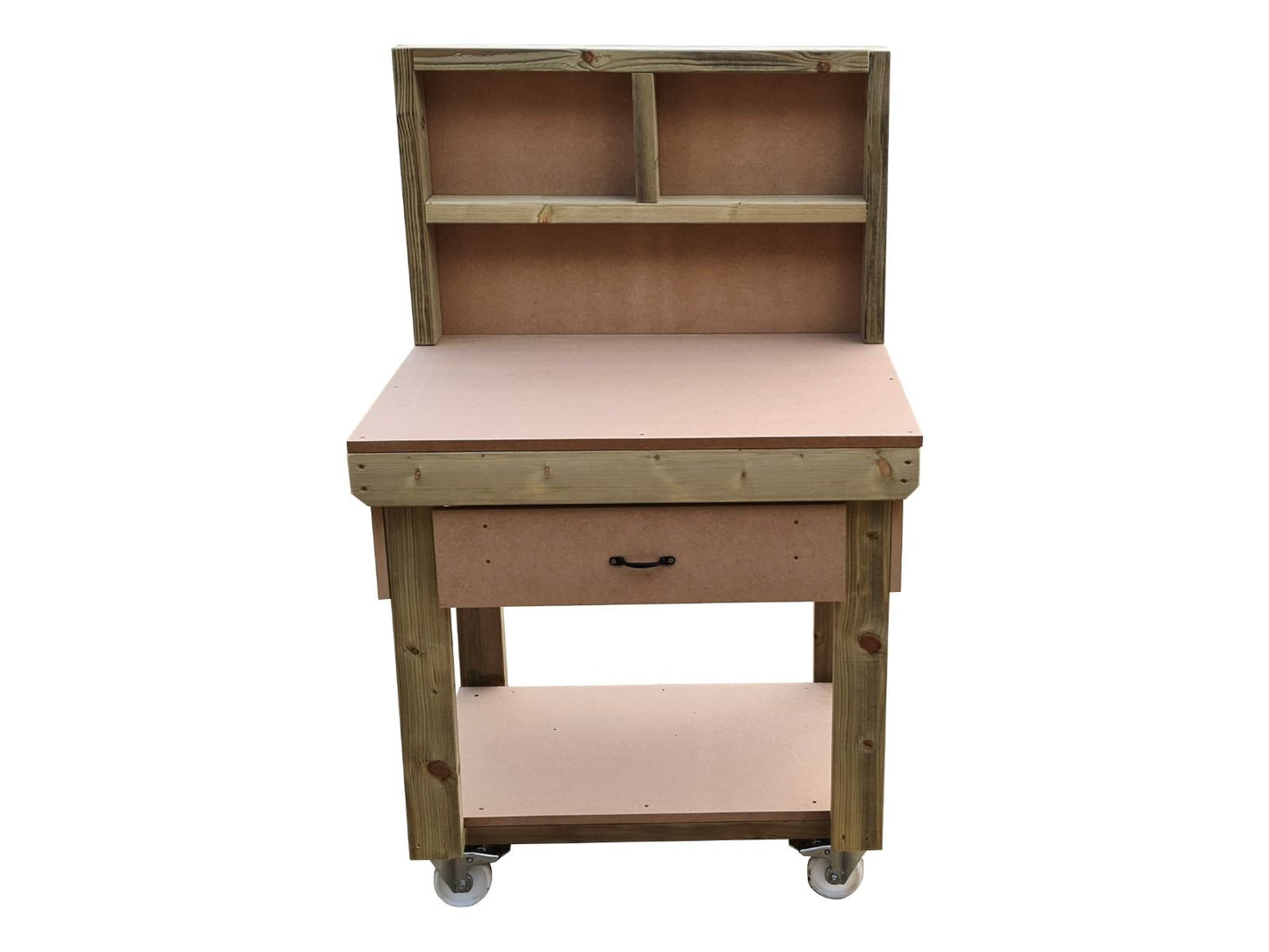 Wooden MDF  workbench, tool cabinet with drawer (V.1) with back and wheels