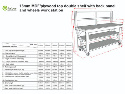 Wooden MDF top workbench with back panel, double shelf and wheels