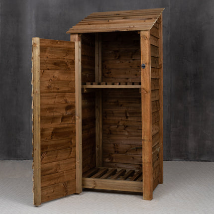 Wooden Log Store with Door and Shelf W-79cm, H-126cm or 180cm, D-88cm - Brown Finish