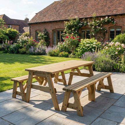 Victoria Picnic Table and Benches Set - Rustic Finish