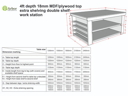 Wooden Workbench MDF Top with Extra shelving Depth-4ft With Double Shelf