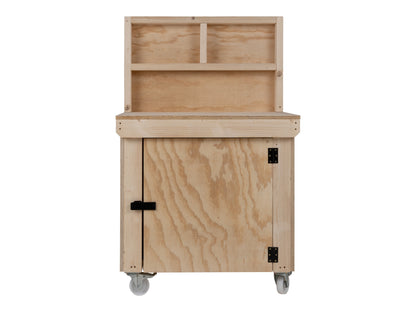Wooden Plywood Top Workbench With Lockable Cupboard (V.9) With back panel, With Wheels