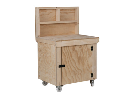 Wooden Plywood Top Workbench With Lockable Cupboard (V.9) With back panel, With wheels, Double Shelf