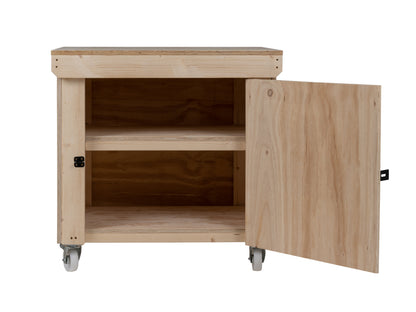 Wooden Plywood Top Workbench With Lockable Cupboard (V.9) With Wheels, Double Shelf