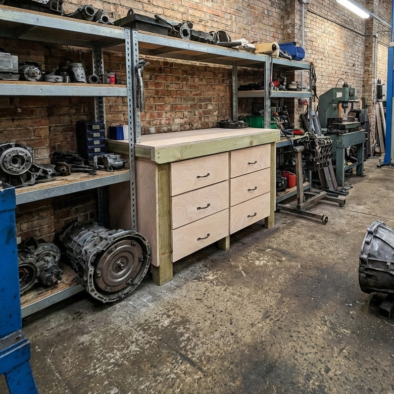 Wooden Eucalyptus Hardwood Top Workbench, Tool Cabinet With Drawers (V.2)