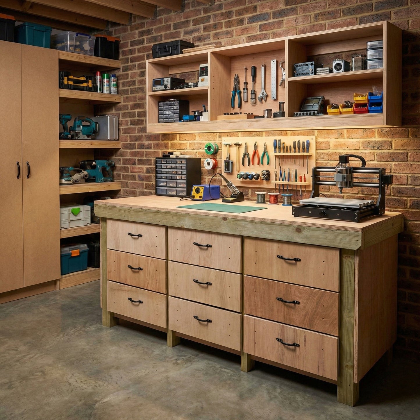 Wooden Eucalyptus Hardwood Top Workbench, Tool Cabinet With Drawers (V.2)