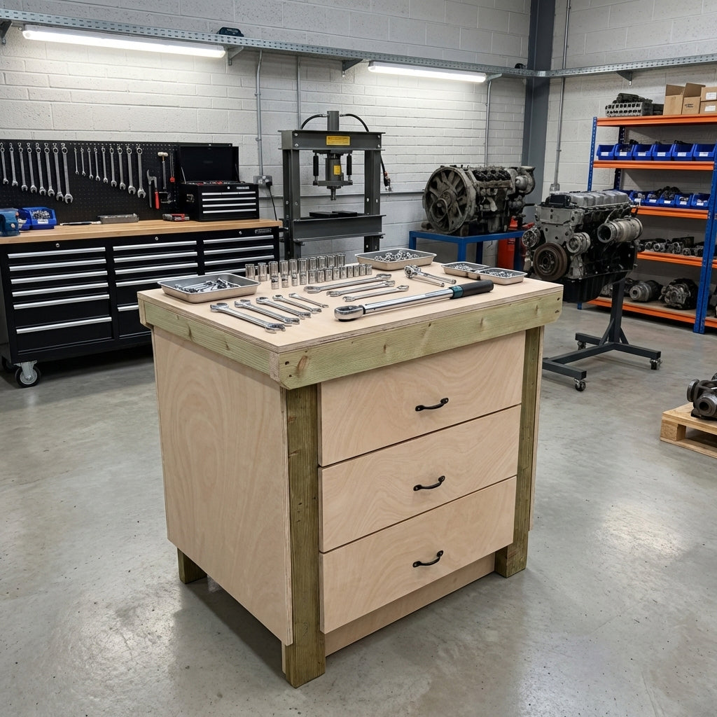 Wooden Eucalyptus Hardwood Top Workbench, Tool Cabinet With Drawers (V.2)